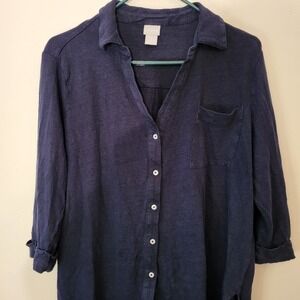 Chicos Size 3 (XL) Navy Blue 100% Linen Collared Button Up Shirt Top